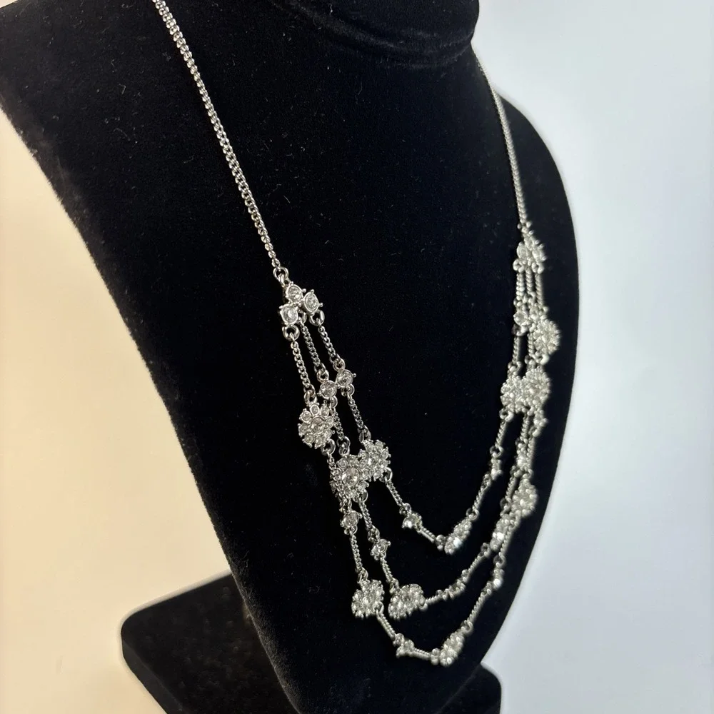 Necklace Rhinestones Multi Strand Delicate Bib Style Givenchy Silver Tone‎ 90s